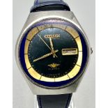 A Vintage Citizen Automatic Gents Watch. Blue leather strap. Stainless steel case - 37mm. Blue and