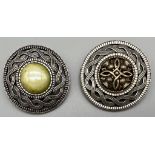 A Pair of Vintage Celtic White Metal Brooches 1 Set with Hardstone (possibly Serpentine), 1 Gilt