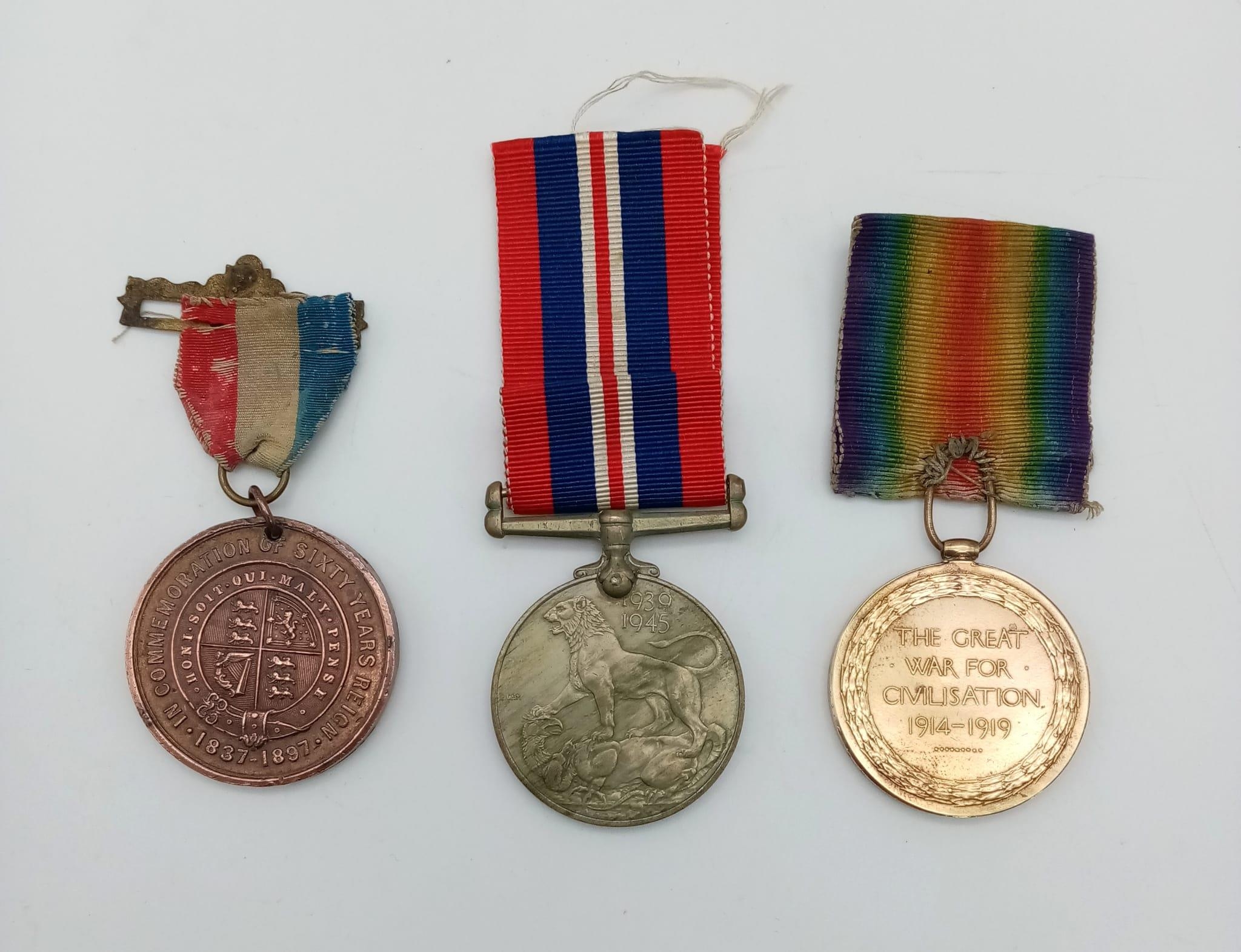 A Selection of 3 Medals with Ribbons. Queen Victoria 1897 Jubilee Bronze Medal. British Empire WW1 - Image 2 of 3