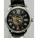 A Montine Gents Automatic Skeleton Watch. Black leather strap. Stainless steel skeleton case - 44mm.