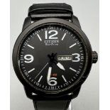 A Citizen Eco-Drive Gents Watch. Black leather strap. Case - 42mm. Black dial with day/date