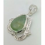 925 Silver Pendant. Faceted Aquamarine With White Topaz Stones, Aquamarine & White Topaz - 10.20 Ct.