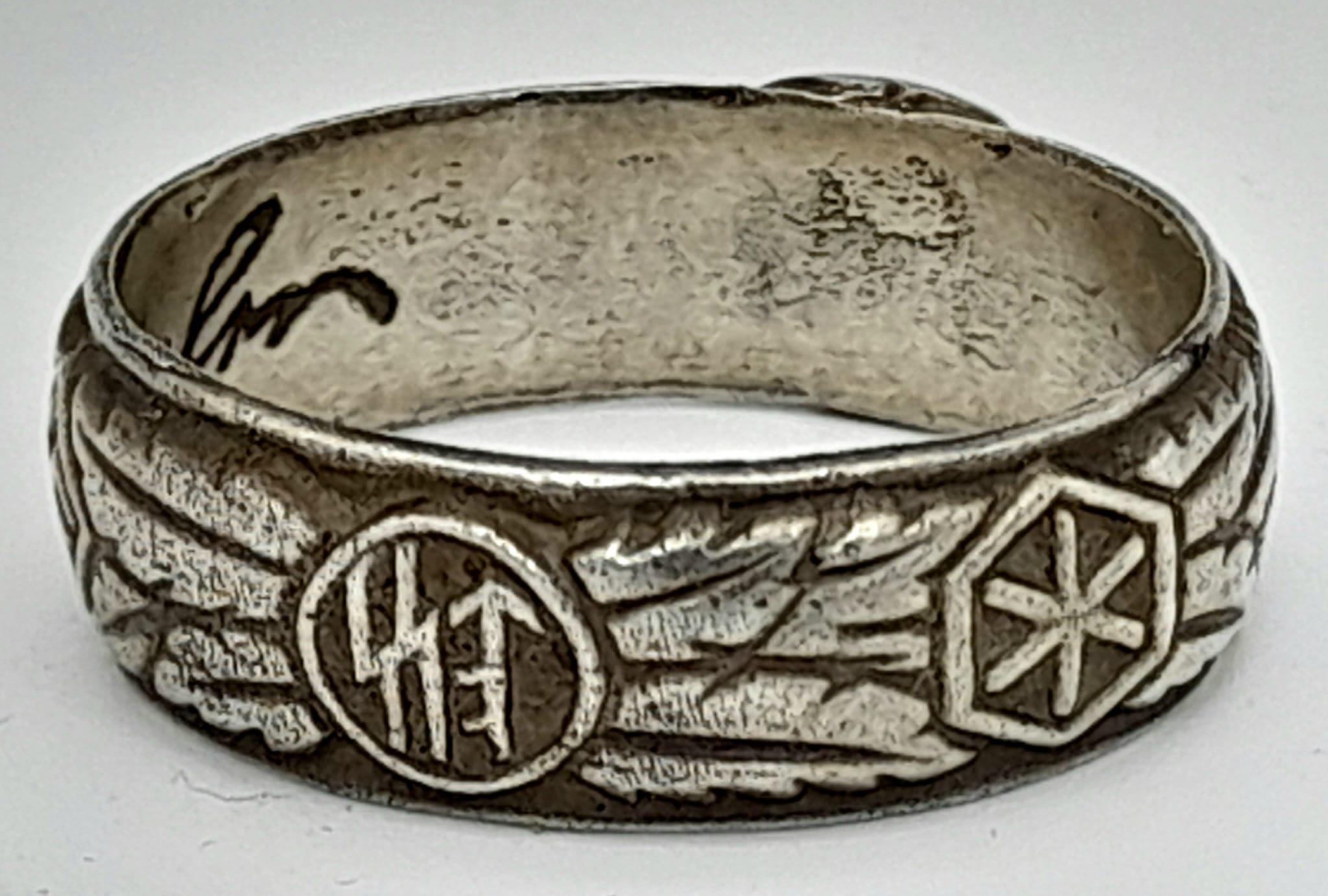 WW2 Period German Silver Skull Tote Ring with Inscription on Inner Shank Size Z+1. 9.06 Grams - Image 3 of 4