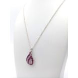 A Pink Topaz and White Stone Teardrop 925 Silver Pendant on a 925 Silver Necklace. 35mm and 74cm.