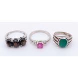 Three 925 Silver Gemstone Rings. Malachite, pink topaz and tigers eye. Sizes J, N and P.