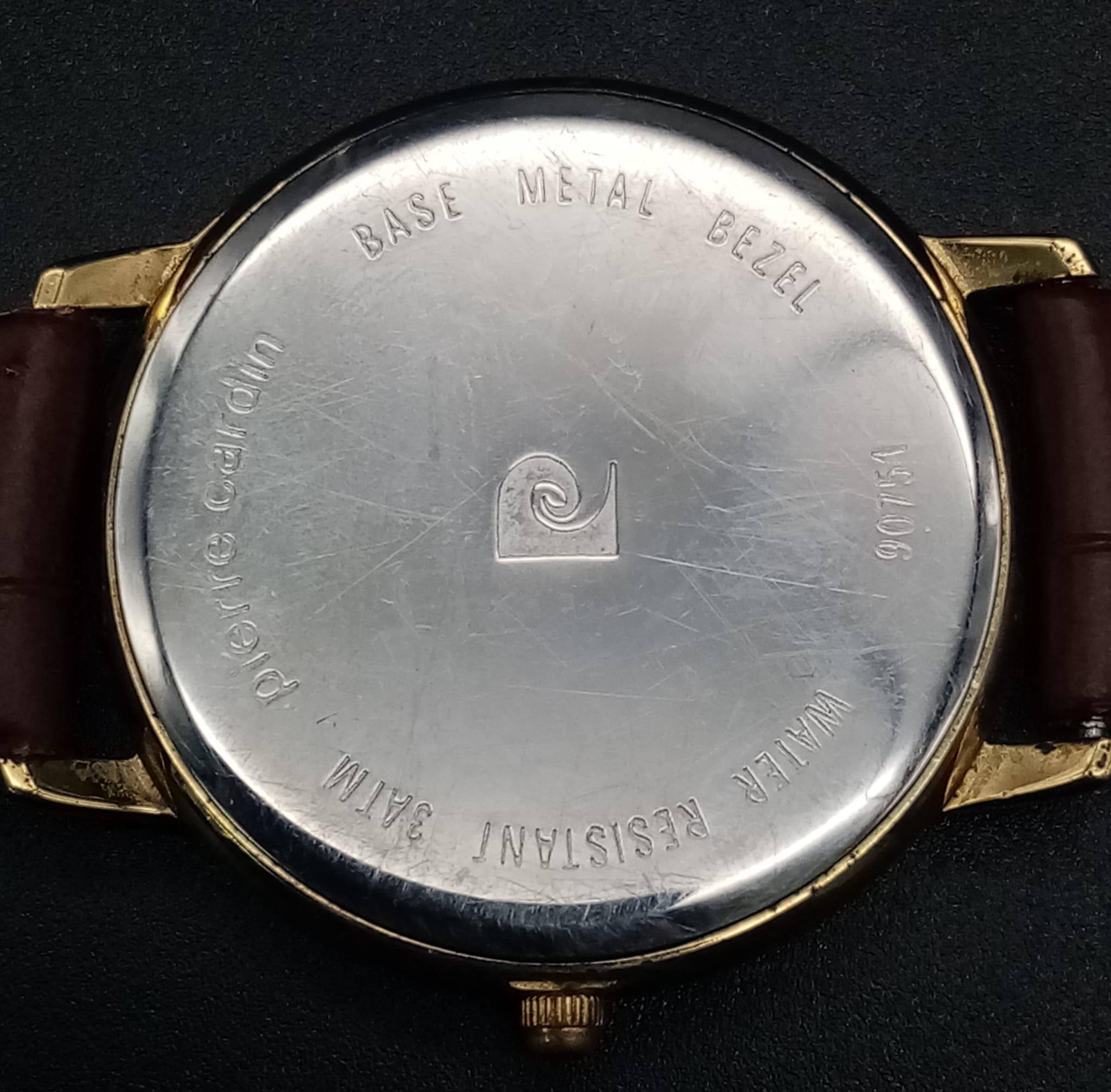 A Vintage Pierre Cardin Quartz Gents Watch. Brown leather strap. Two tone case - 35mm. In good - Image 6 of 7