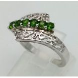 New Sterling Silver Green Tourmaline and Diamond Set Ring Size N. 1cm width at crown. 3.49 Grams