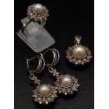 An Art Deco Style 18K White Gold Diamond and Cultured Pearl Jewellery Set. Includes: A pair of