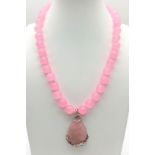 A Rose Quartz Beaded Necklace with Teardrop Pendant. 10mm beads. 4cm pendant and 44cm necklace.