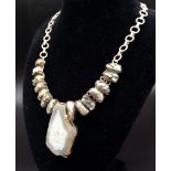 A Vintage Silver Baroque Pearl and Quartz Necklace. 5cm and 44cm.