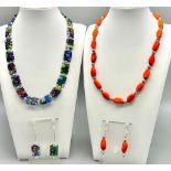Two vintage, collectable, necklace and earrings sets from Murano, Italy. One, very rare, matt orange