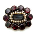 9K YELLOW GOLD ANTIQUE GARNET , SEED PEARL BROOCH. WEIGHS 7.1G