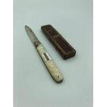 Antique SILVER BLADED FRUIT KNIFE complete with original leather case. Rubbed but visible Georgian