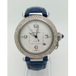 A Pasha de Cartier Automatic Diamond Ladies Watch. Blue leather strap. Stainless steel case -