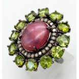 A Ruby and Peridot Floral Inspired Gemstone Ring - with .46ct Diamond Accents, ruby weight 7.50ct