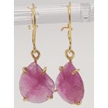 A Pair of 9K Yellow Gold Faceted Ruby Teardrop Earrings. 1.89g total weight.