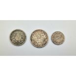 A USA 1908 Silver Quarter Dollar, an 1899 One Dime and an 1883 Liberty Head 5 cent coin.