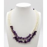 A Rough Natural Amethyst and Cultured Pearl Rope Necklace. 100cm