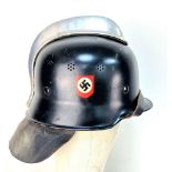 WW2 German Double Decal Fire Crew Helmet with leather nape protector.