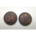 Two Queen Victoria One Penny Coins. 1854 PT and 1858 OT. S3948. Please see photos for conditions.