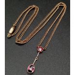 A Vintage, Tested at Least 9 Carat Gold Two Ruby Set Pendant Necklace on 45cm Length Yellow Metal