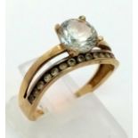 14k yellow gold CZ solitaire double band ring with CZ set shoulders. Total Weight 2.8g, size N