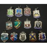SET OF 13 STERLING SILVER LOCATION SHIELD CHARMS TO NAME A FEW, JERSEY, GT YARMOUTH, LANDS END,