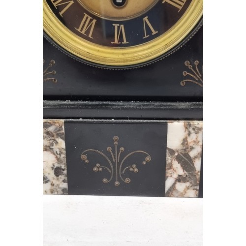 AN ELEGANT 1920'S LARGE SLATE MANTLE CLOCK DECORATED TASTEFULLY WITH MARBLE TRIM. 26 x 20cma (no - Image 2 of 3