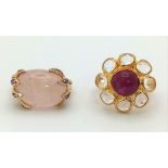 Two 925 Silver Gold Plated Gem Rings. Rose quartz and Ruby with White Stones. Both size N.