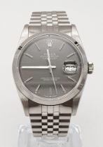 A Rolex Oyster Perpetual Datejust Gents Watch. Stainless steel strap and case - 36mm. Beautiful grey