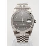 A Rolex Oyster Perpetual Datejust Gents Watch. Stainless steel strap and case - 36mm. Beautiful grey