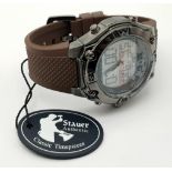 A Stauer Digital and Analogue Statement Gents Watch. Brown rubber strap. Steel and ceramic case -