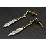 A Pair of 9K Yellow Gold and Diamond Drop Earrings. 3cm drop. 1.55g total weight.