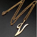 A 9K Yellow Gold Letter V Pendant on a 9K Yellow Gold Prince of Wales Link Necklace. 3cm and 40cm.