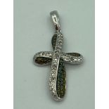 SILVER CROSS PENDANT set with blue and white DIAMOND detail. 3.5 cm drop Approx.