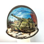 WW2 US Fixed Bale Helmet that was found in the Ardennes near St Vith. It has been hand painted as