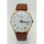 A Jason Masonic Gents Watch. Brown leather strap. Two tone steel case - 34mm. White dial with