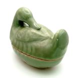 A RARE ANTIQUE CHINESE CELADON DUCK , LENGTH 130mm and height 110mm , FOUND IN A JAPANESE KURA