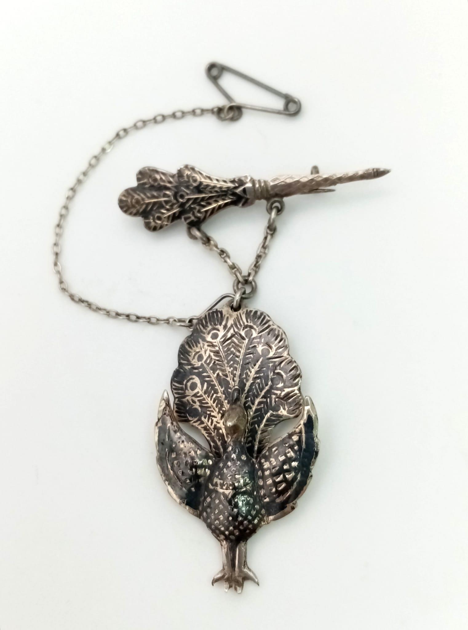 A Rare Antique Fine Silver Articulating Peacock Pendant Brooch with Safety Chain 5cm Length - Image 2 of 4