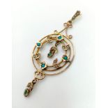 9K YELLOW GOLD VICTORIAN SEED PEARL & TURQUISE DROP PENDANT. WEIGHS 3.4G