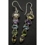 A Pair of Multi-Coloured Gem Drop Earrings. Amethyst and peridot to name a few. 4.5cm drop.