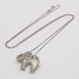 9K WHITE GOLD DIAMOND & RUBY SET, ELEPHANT PENDANT, ON A 42CM LENGTH CHAIN. TOTAL WEIGHT. 2.5G