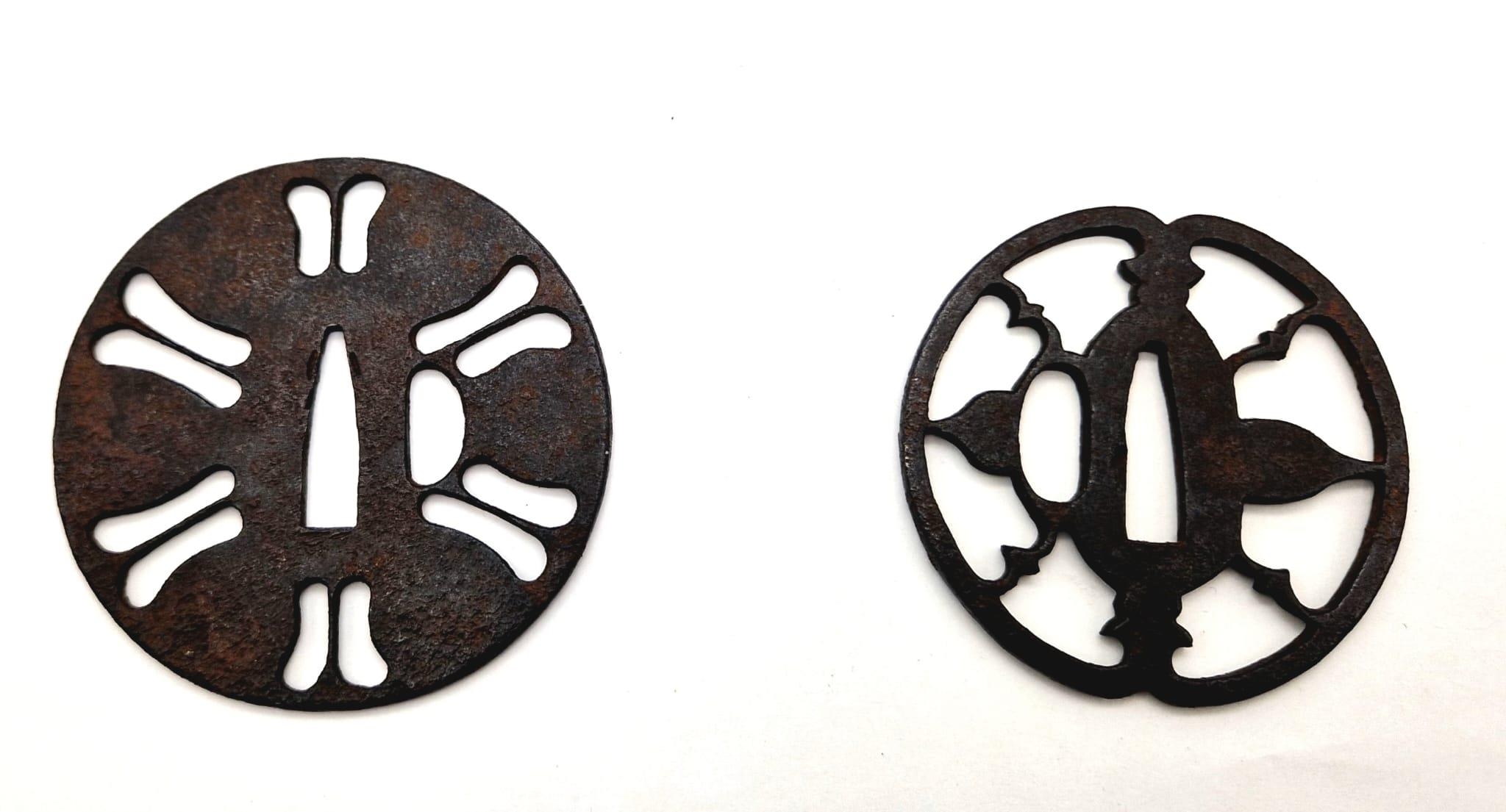 ANTIQUE EDO PERIOD JAPANESE SAURAI SWORD TSUBA'S , SUKASHI STYLE SET OF 2 , 78 X 80mm AND 70 X 65mm. - Image 6 of 8