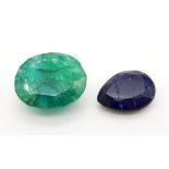 Set of 2 Gems - Faceted 15ct Oval Emerald and 7.4ct Faceted Blue Sapphire