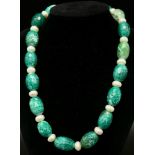A Very Unique Faceted Green Flourite with Cultured Pearl Necklace. Large oval fluorite beads with