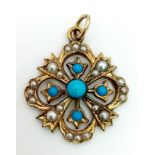 A Victorian High-Karat Turquoise and Pearl Pendant. 3cm. 2.89g total weight.