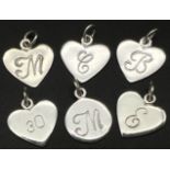 6 X STERLING SILVER CHARMS ENGRAVED WITH INITIL C, M, B, M, E & 30 TOTAL WEIGHT 6G