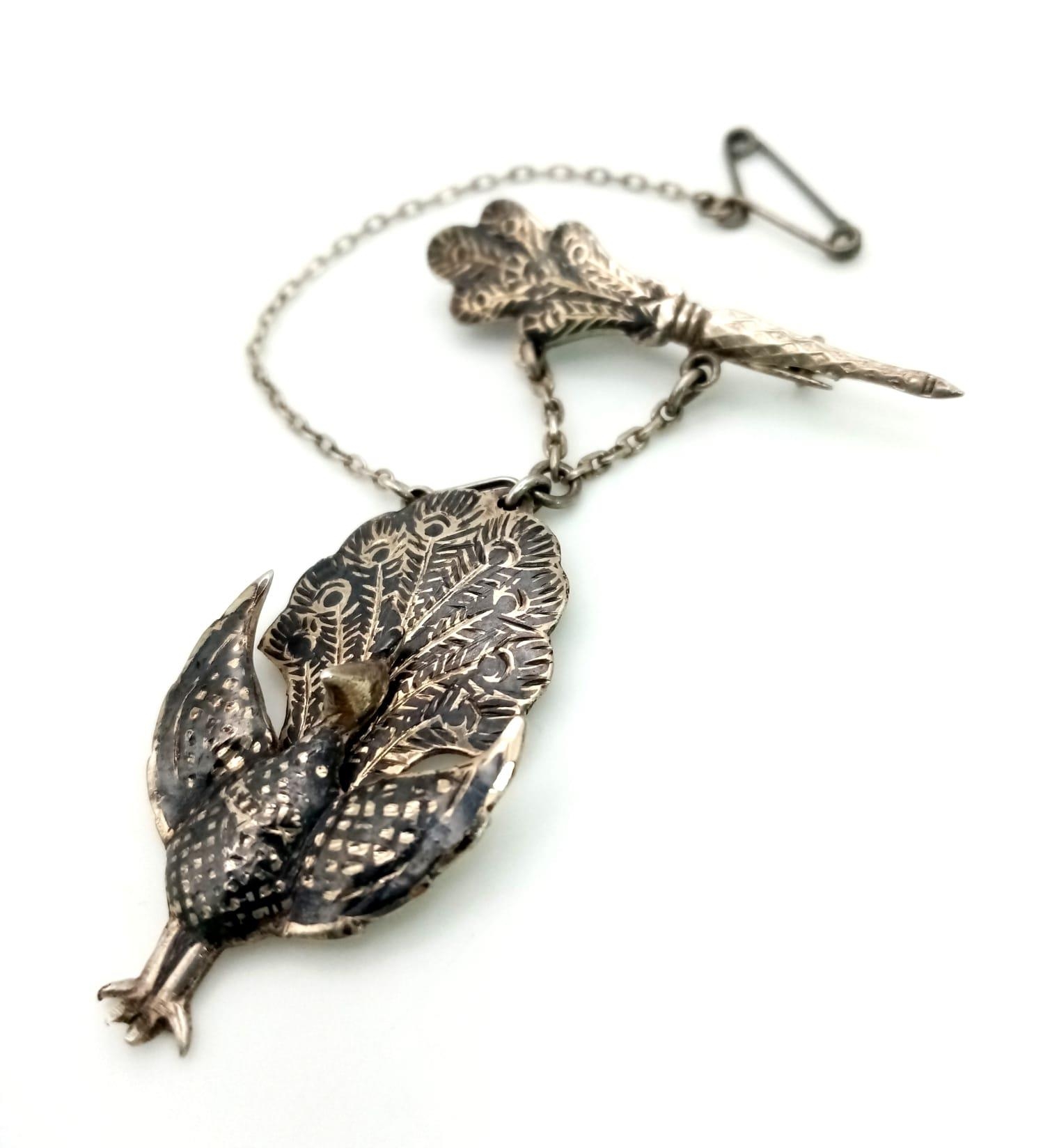 A Rare Antique Fine Silver Articulating Peacock Pendant Brooch with Safety Chain 5cm Length