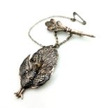 A Rare Antique Fine Silver Articulating Peacock Pendant Brooch with Safety Chain 5cm Length