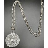 Vintage and Scarce Silver Aztec Pendant Necklace 72 cm Oval and Round Link Sterling Silver Chain